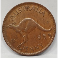 AUSTRALIA 1955Y. ONE 1 PENNY . ERROR/VARIETY . WIDE DATE . PLANCHET FLAW